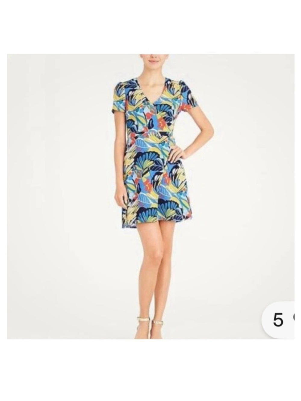 J Crew Mercantile Tropical Print Faux-Wrap Short Sleeve Dress - Blue Multi—Sz 18